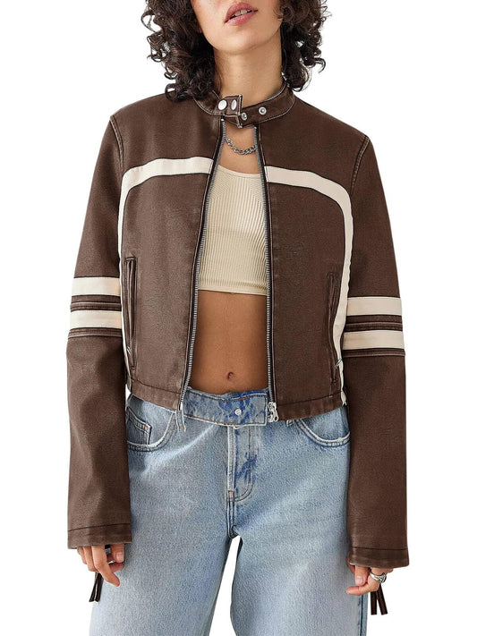 Saodimallsu Women’s Faux Leather Jackets Zip Up Stand Collar Cropped Motocross PU Coats