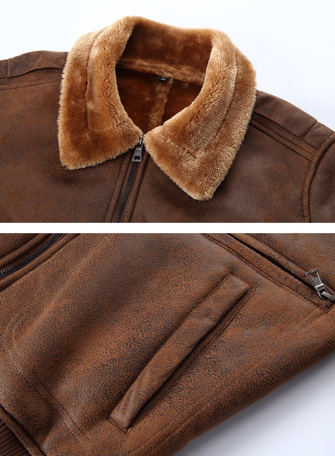 HOOD CREW Men’s Faux Fur Leather Jacket Autumn Winter Fleece Lined Coat Vintage Bomber Jacket Brown 2XL