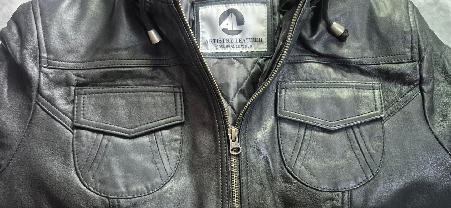 Artistry Leather Womens Genuine Lambskin Leather Motorcycle Jacket with Removable Hood Black - Hooded bomber jacket