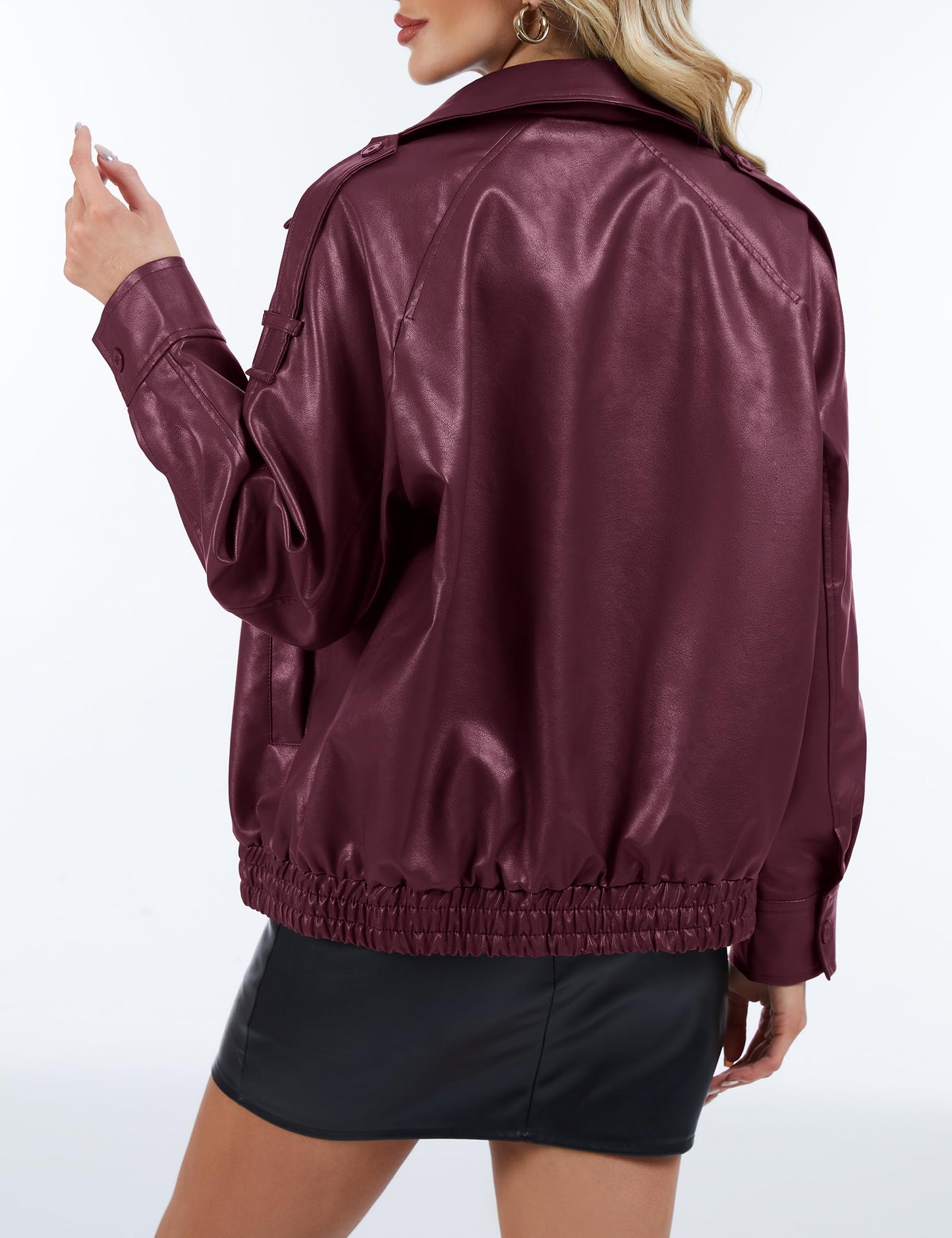 PHISOCKAT Women's Oversized Faux Leather Zip Up Bomber Jacket