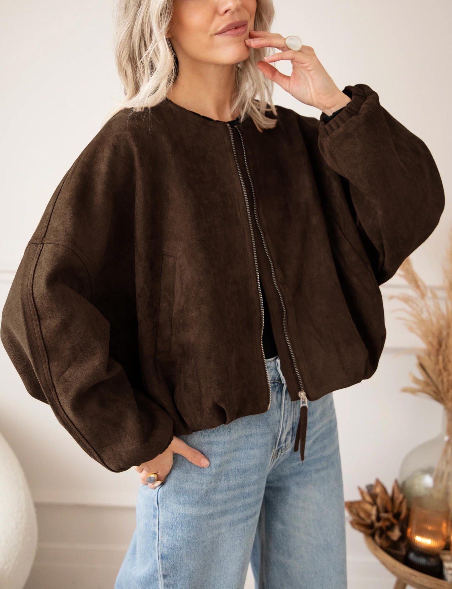 Tanming Womens Faux Suede Leather Jacket Casual Oversized Long Sleeve Zip Up Bomber Jackets Coats Outerwear(Coffee-M)