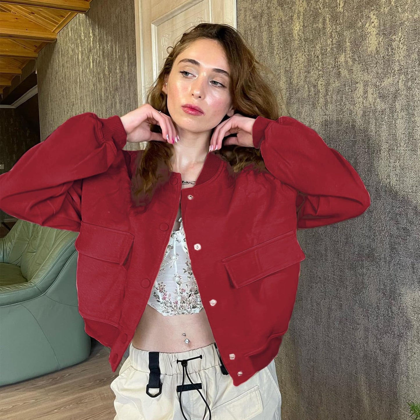 Zando Red Cropped Bomber Jacket Women 2026 Short Casual Varsity Jackets