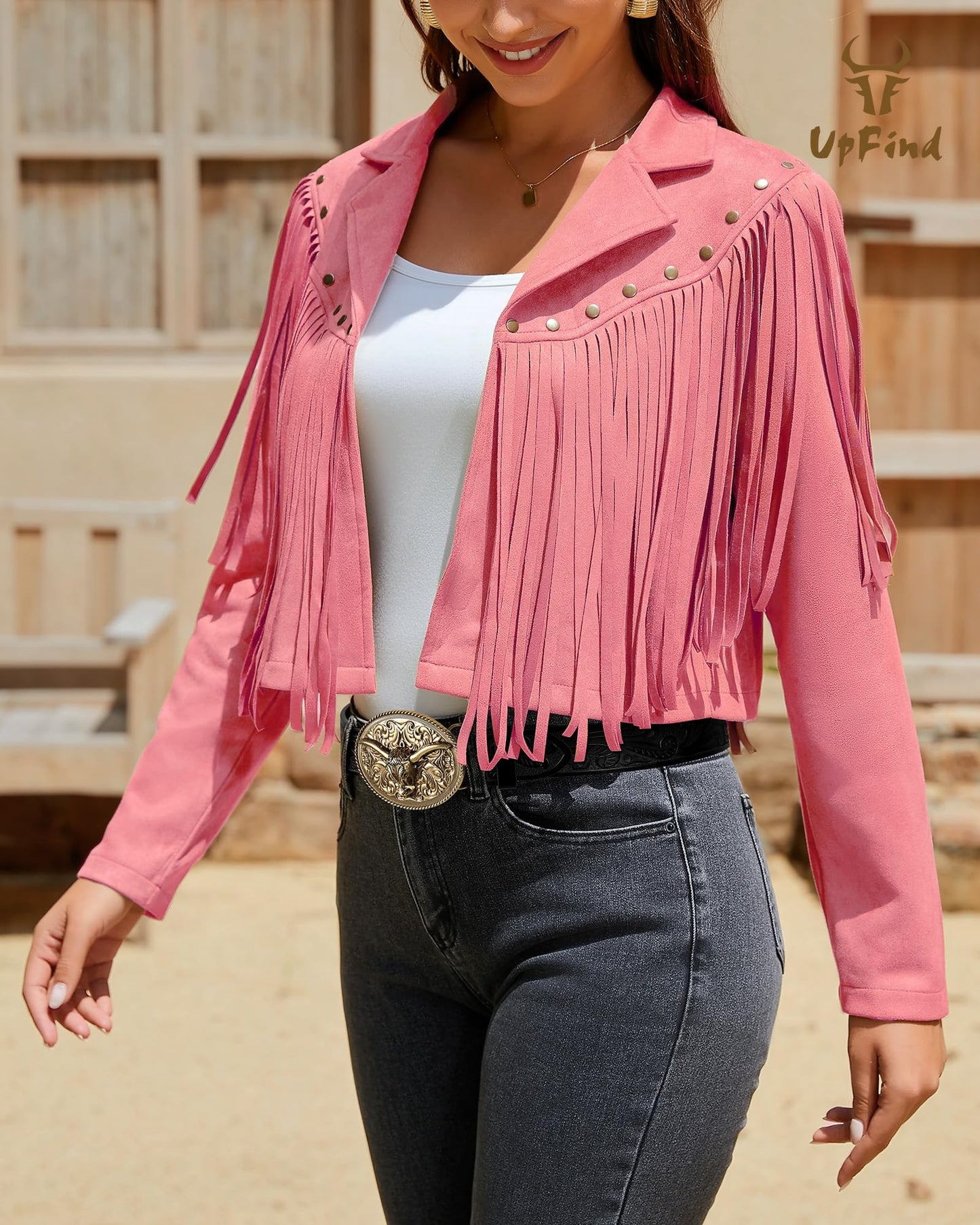 UpFind Women's Fringe Faux Suede Leather Jackets Fashion Fall Western Tassel Motorcycle Cropped Open Front Coats with Rivets, Rose Pink/Medium