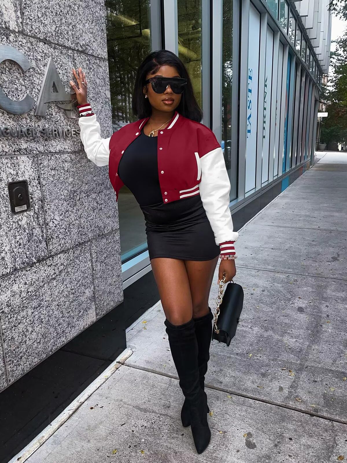 ThusFar Women's Cropped Bomber 2025 Fall Button Down Baseball Varsity Letterman Jacket Outwear Coat with Pockets Wine XL