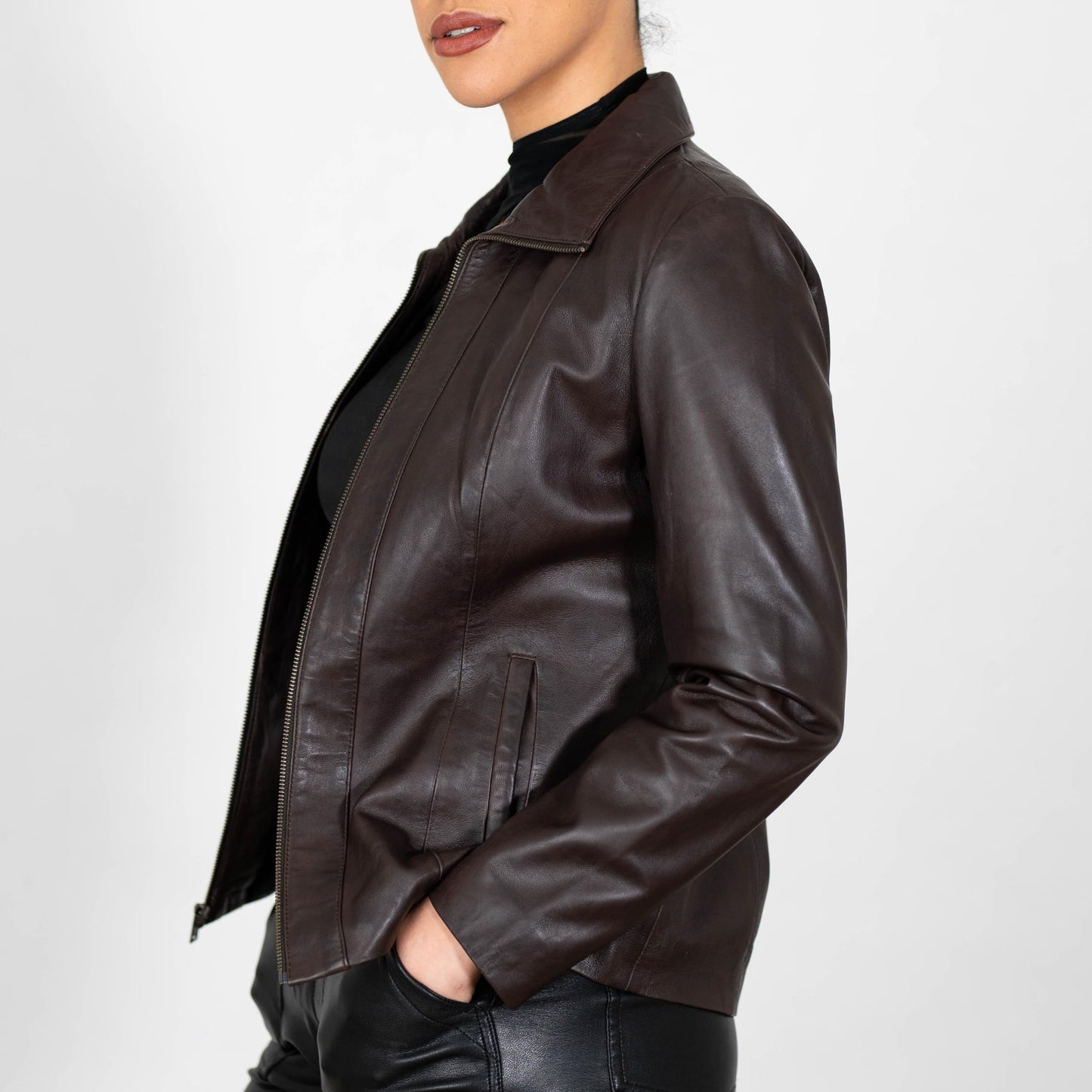 BRICK LANE Timeless Design Leather Jacket for Women | Genuine Lamb Nappa Leather Jacket (US, Alpha, Small, Regular, Regular, Brown)