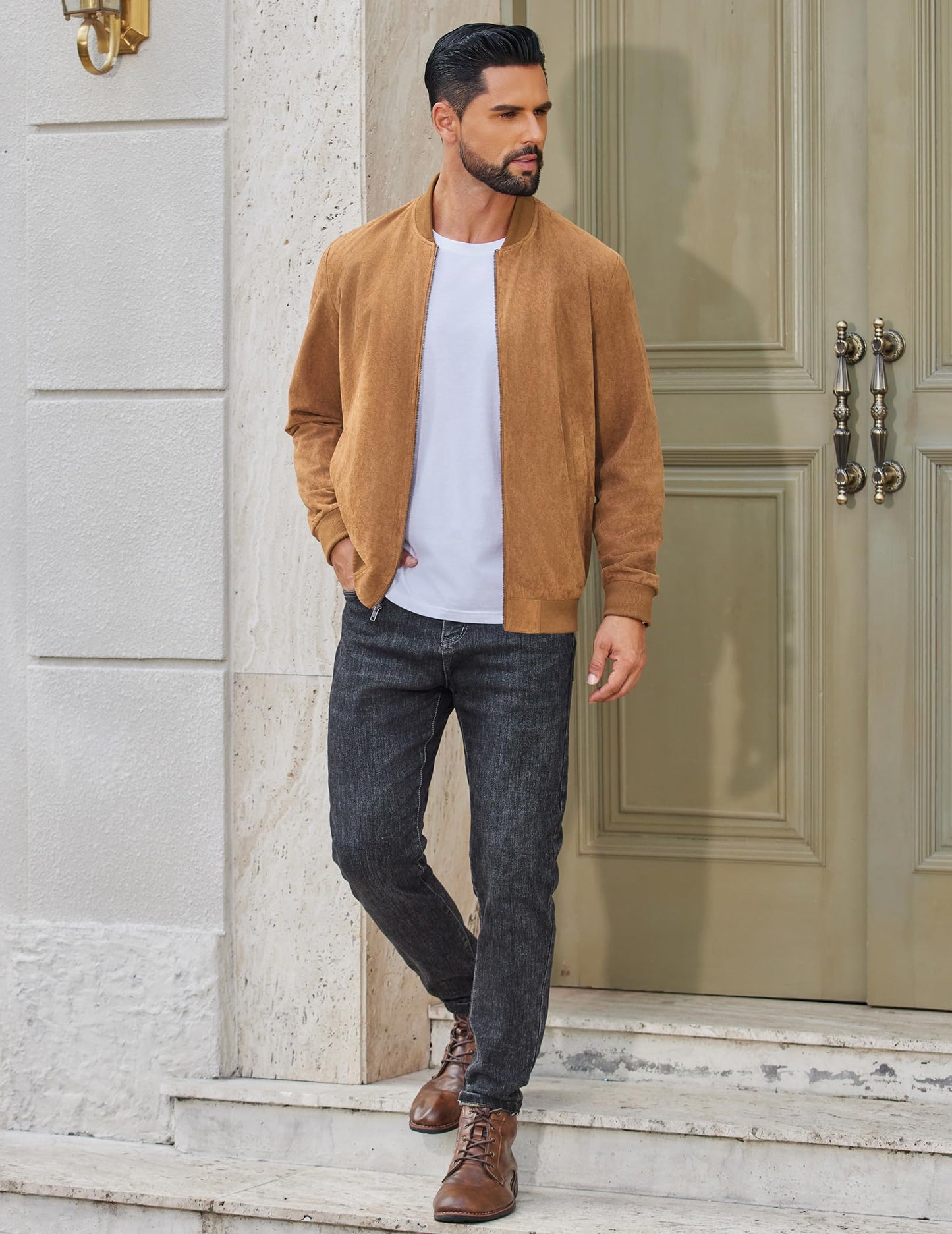 COOFANDY Mens Suede Jackets Lightweight Bomber Jackets Casual Vintage Jackets Faux Leather, Light Brown, Medium