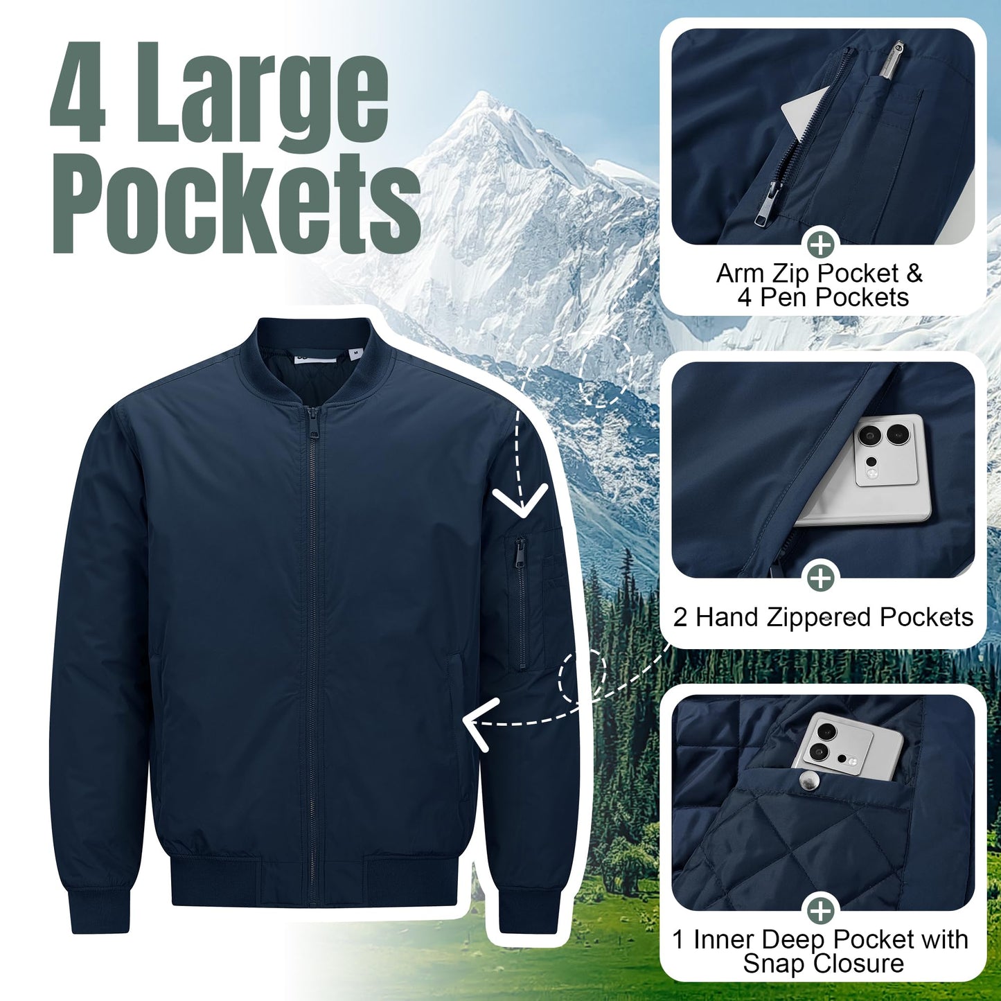 33,000ft Men's Bomber Jacket Waterproof Zip Up Windbreaker Quilted Padded Lightweight Warm Casual Spring Fall Winter Coat