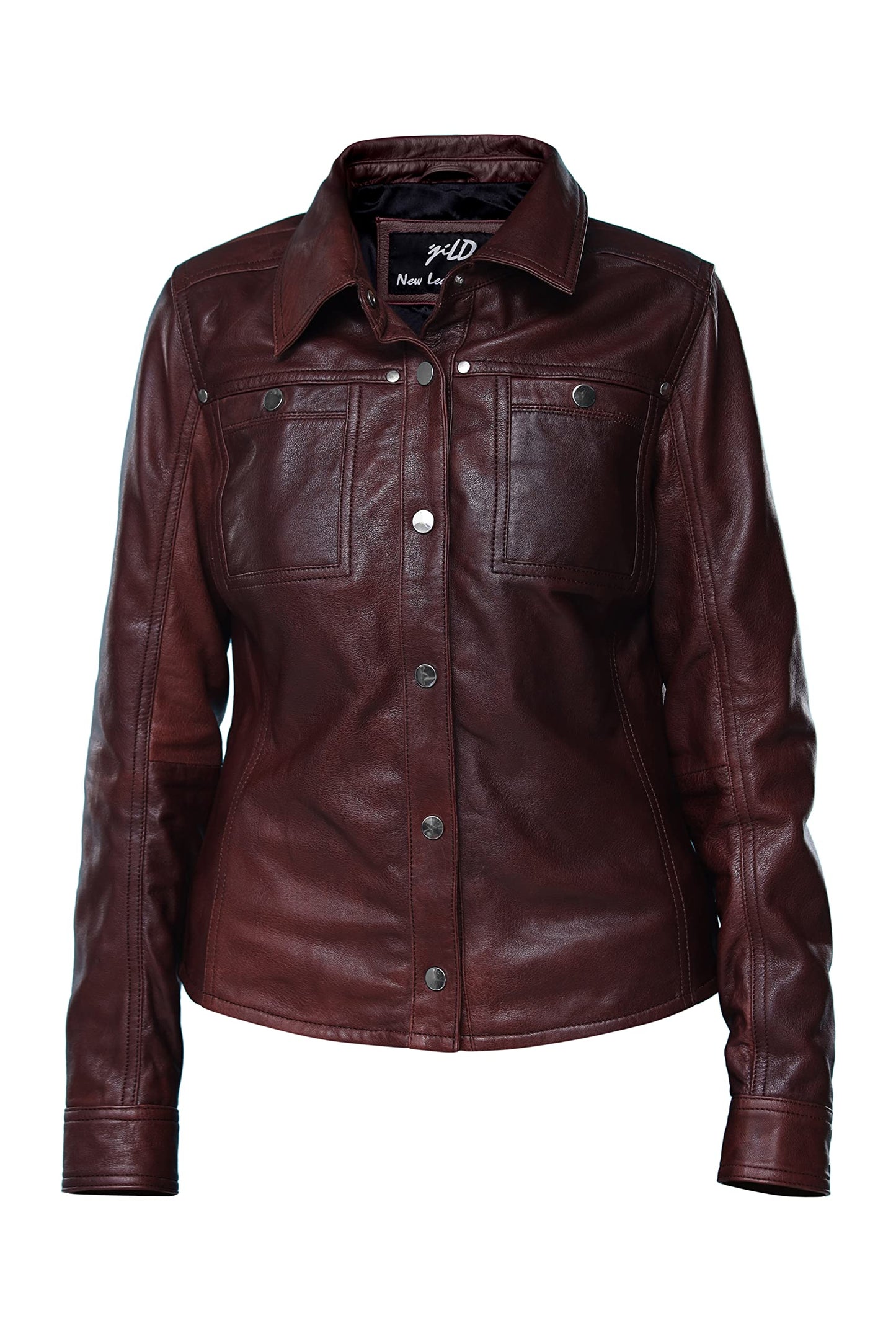 Jild Womens Button Front Lambskin Leather Jacket Shacket - Casual Shirt Long Sleeve Leather Jacket Women with Bust Pocket (Maroon-L)
