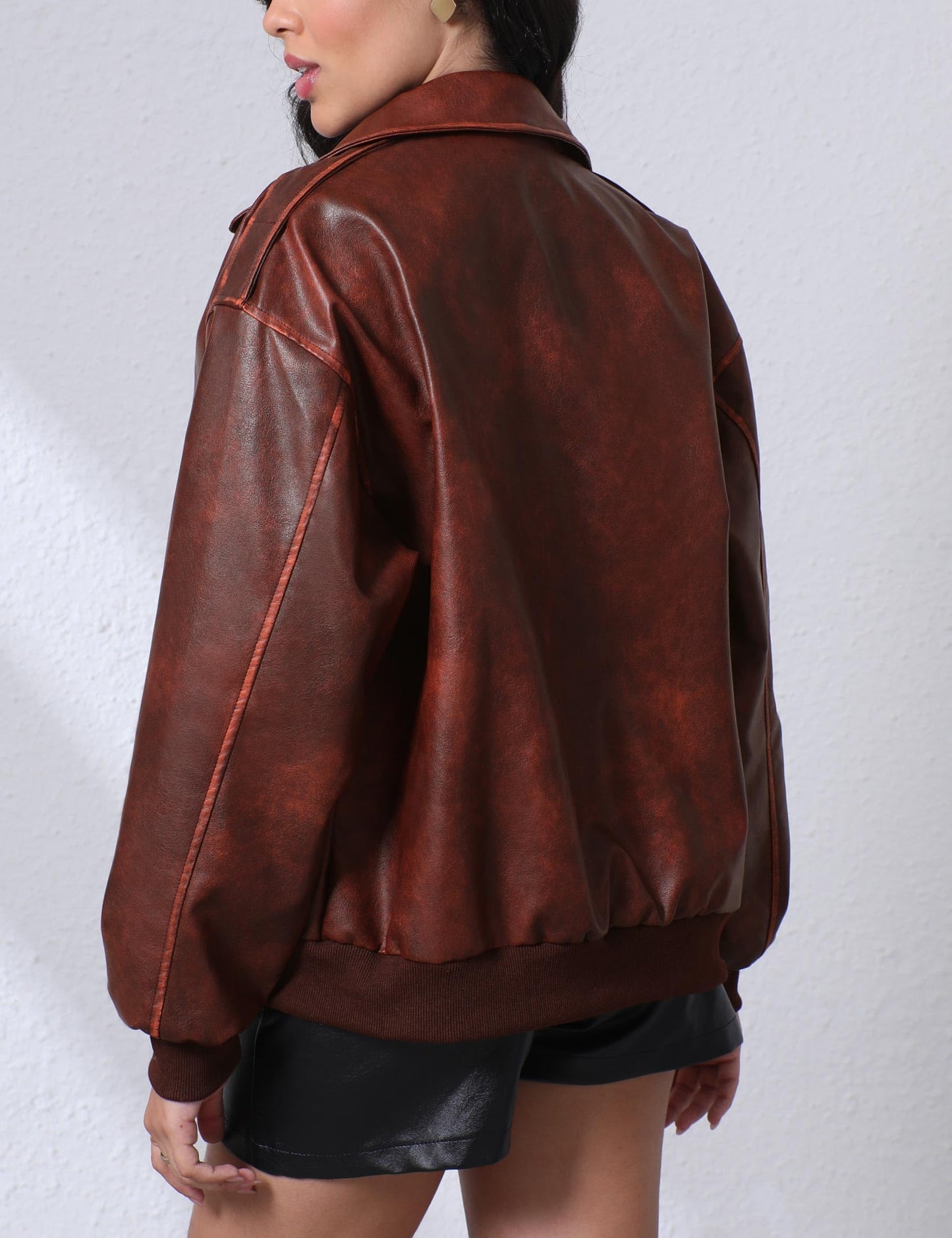 Nitzana Women's Faux Leather Jacket Trendy 2026 Oversized Zip Up Motorcycle Bomber Jacket Coats Fall Winter Outerwear Wine M