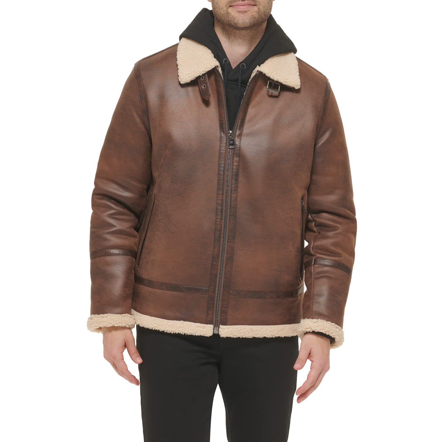 Calvin Klein Men's Faux Leather Jacket Men - Bomber Jacket With Shearling Lining, Brown, Medium