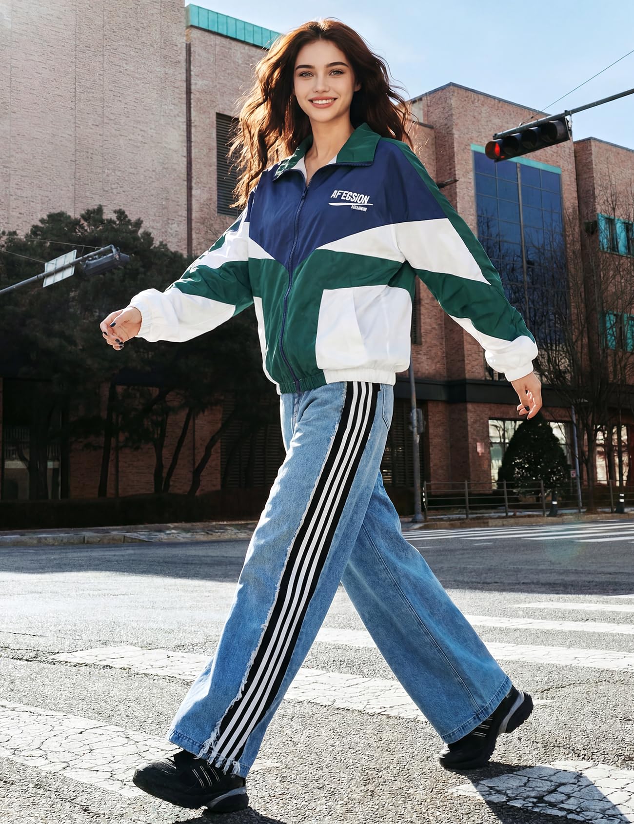 Wyeysyt Women Windbreaker Jacket Y2k Varsity Oversized Jacket(Green-S)