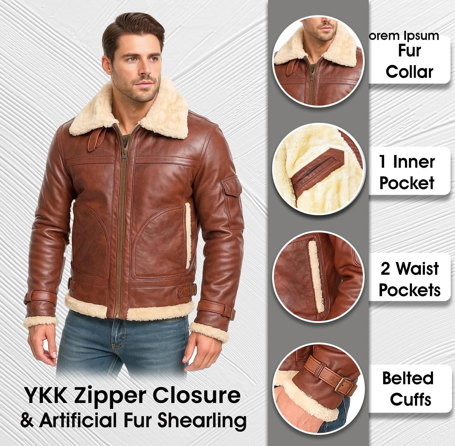Mens B3 RAF Aviator Flight Pilot Bomber Sheepskin Leather Jacket - Flying Fur Shearling Brown Leather Jacket