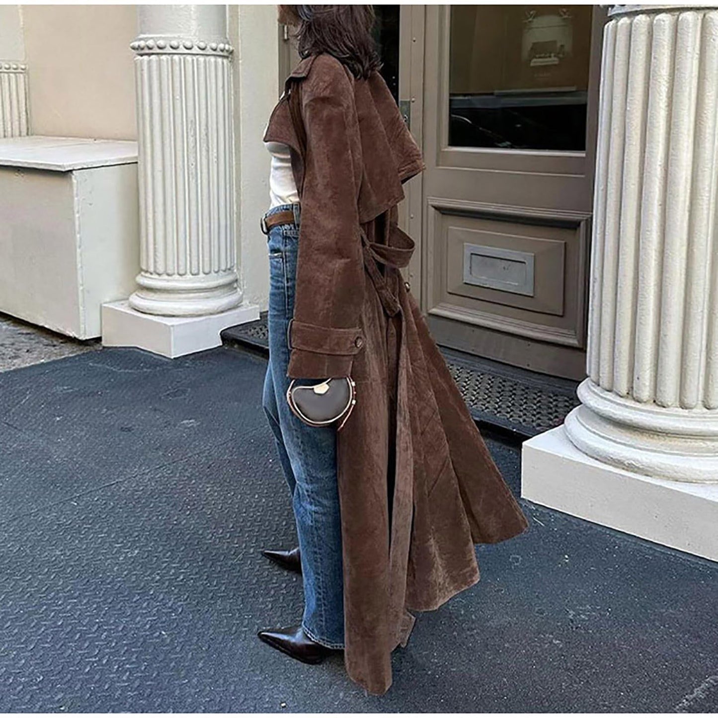 utcoco Womens Faux Suede Long Trench Coat Notched Lapel Double Breasted Pea Coat Overcoat with Belt (Small, Brown)