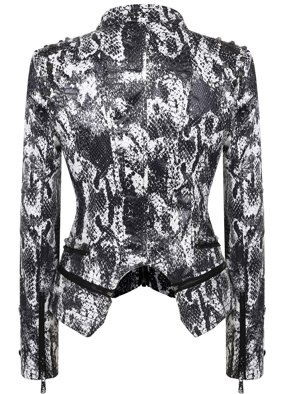 chouyatou Women's Fashion Snake Pattern Print Studded Moto Pu Leather Biker Jacket (X-Large, White)