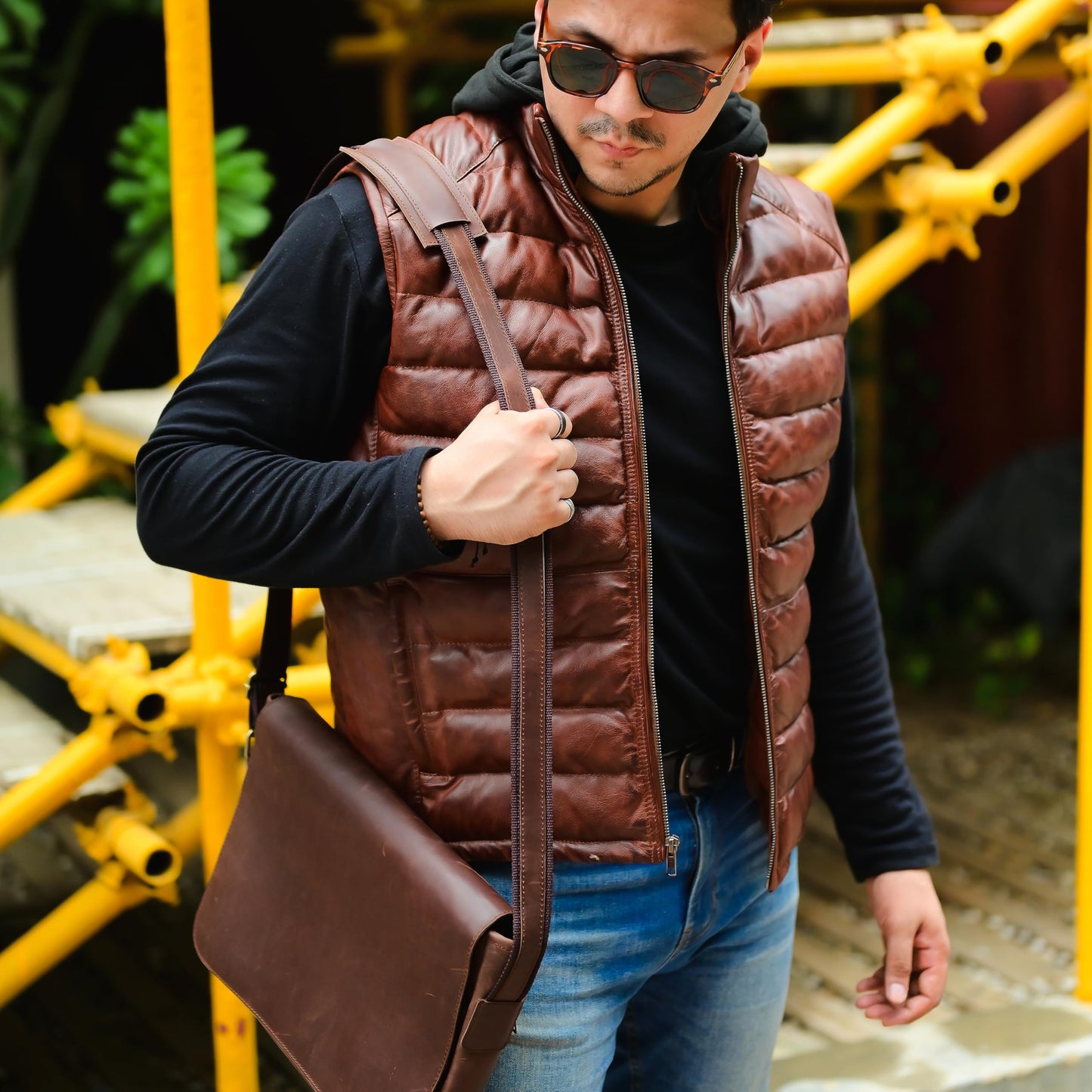 Jild Lambskin Leather Puffer Vest with Removable Hood - Stand Collar Casual Style Sleeveless Leather Jacket Men (Puffer-Tan-L)