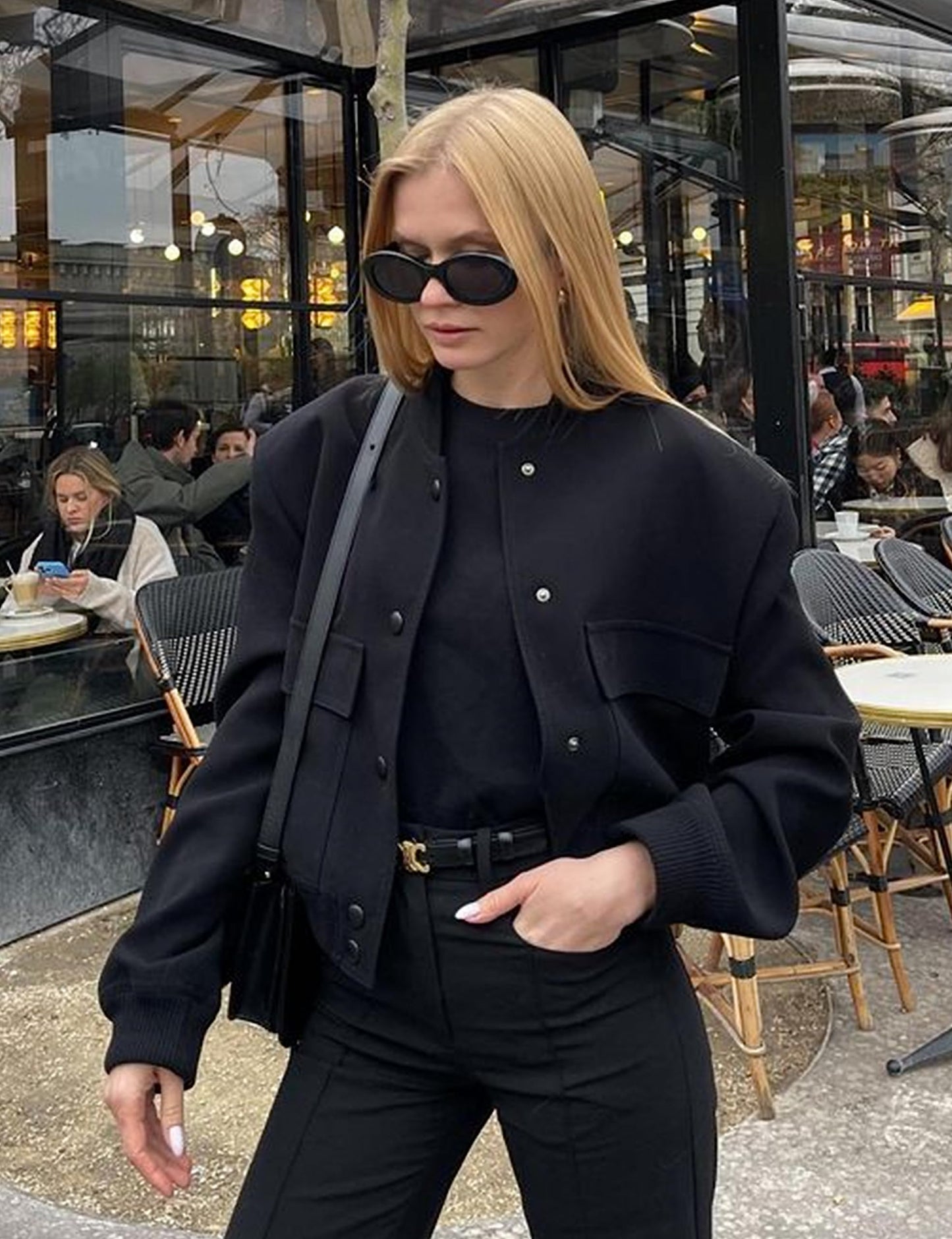Megfie Womens Cropped Bomber Jacket Button Down Varsity Jackets Shackets with Pockets(0394-Black-M)