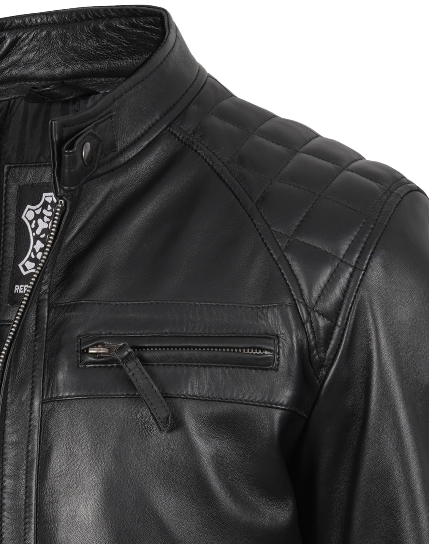 fjackets Real Lambskin Leather Biker Jacket — Quilted Cafe Racer Zip Up Moto Jacket Men Tall | [1118795] Johnson Black, XL