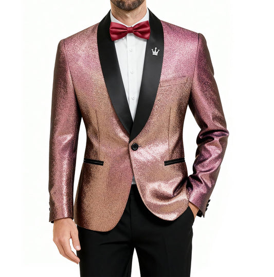 YND Men's Shiny Tuxedo Jacket, Sequin Slim Fit Blazer, One-Button Shawl Lapel Suit for Party, Prom, Wedding, Dinner Gold-Pink