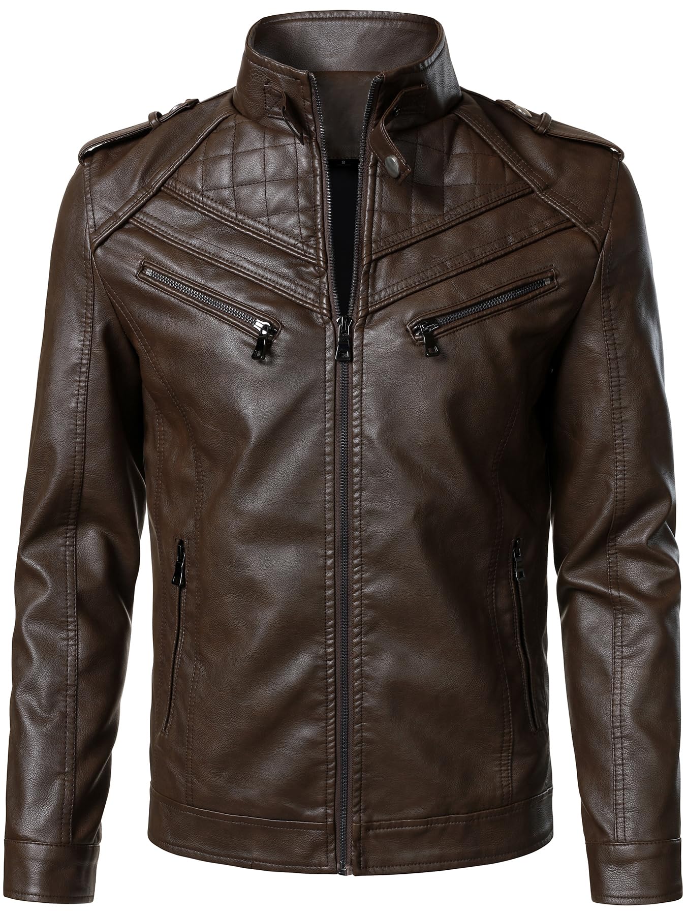 HOOD CREW Men’s Faux Leather Jackets Vintage Biker Motorcycle Jacket for Men Coffee XL