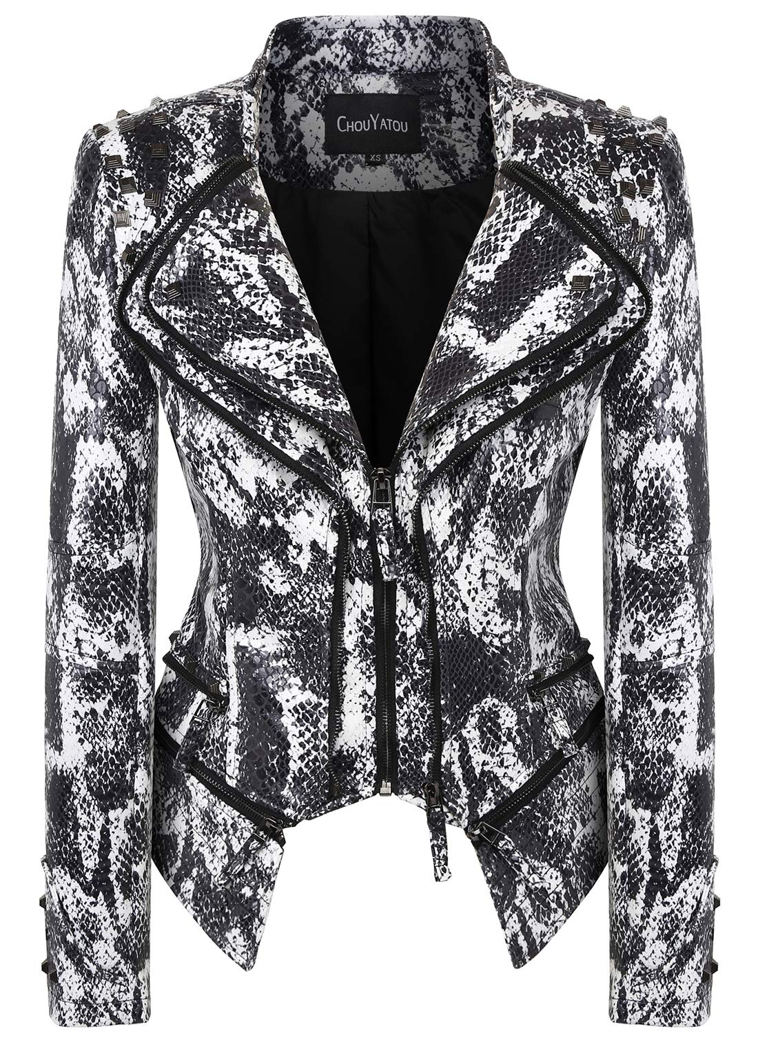 chouyatou Women's Fashion Snake Pattern Print Studded Moto Pu Leather Biker Jacket (X-Large, White)