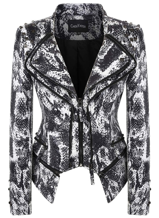 chouyatou Women's Fashion Snake Pattern Print Studded Moto Pu Leather Biker Jacket (X-Large, White)