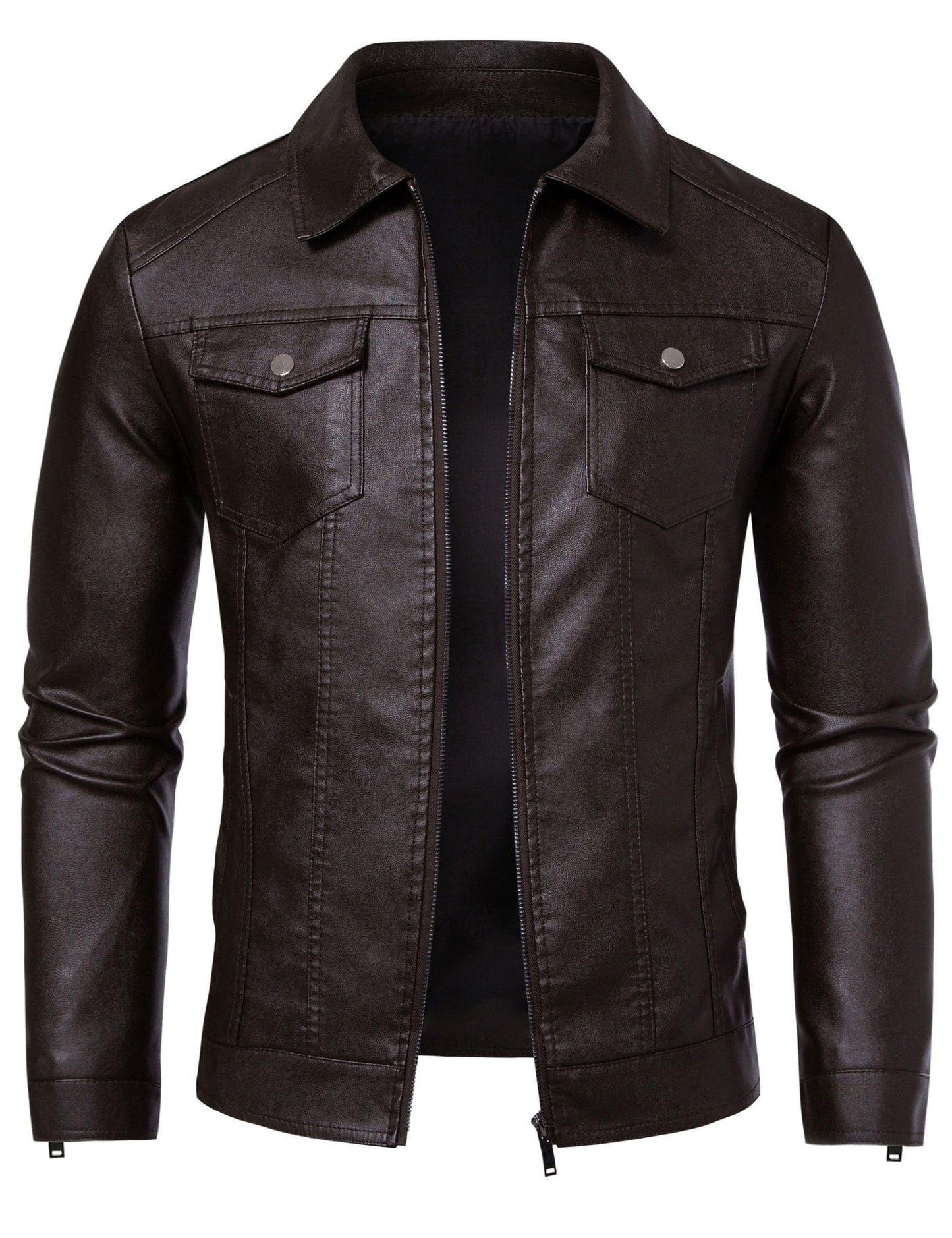 Brown Leather Jacket Men Faux Leather Moto Biker Coat Outwear Windproof L