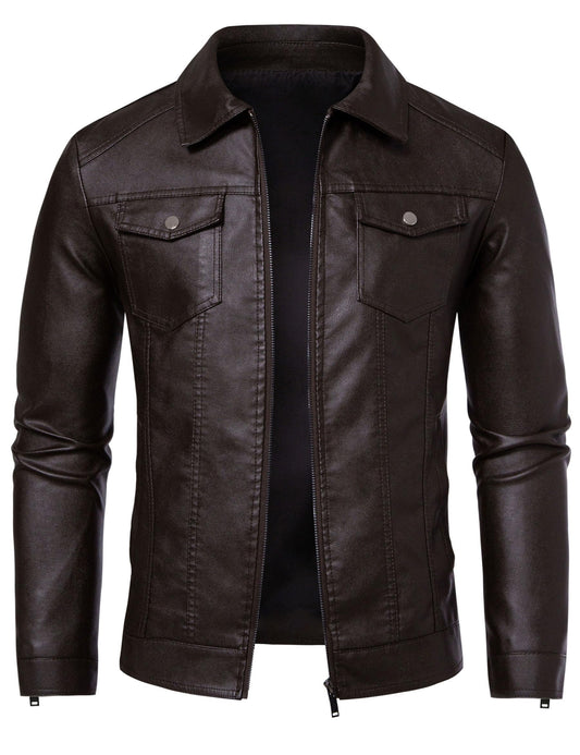 Brown Leather Jacket Men Faux Leather Moto Biker Coat Outwear Windproof L