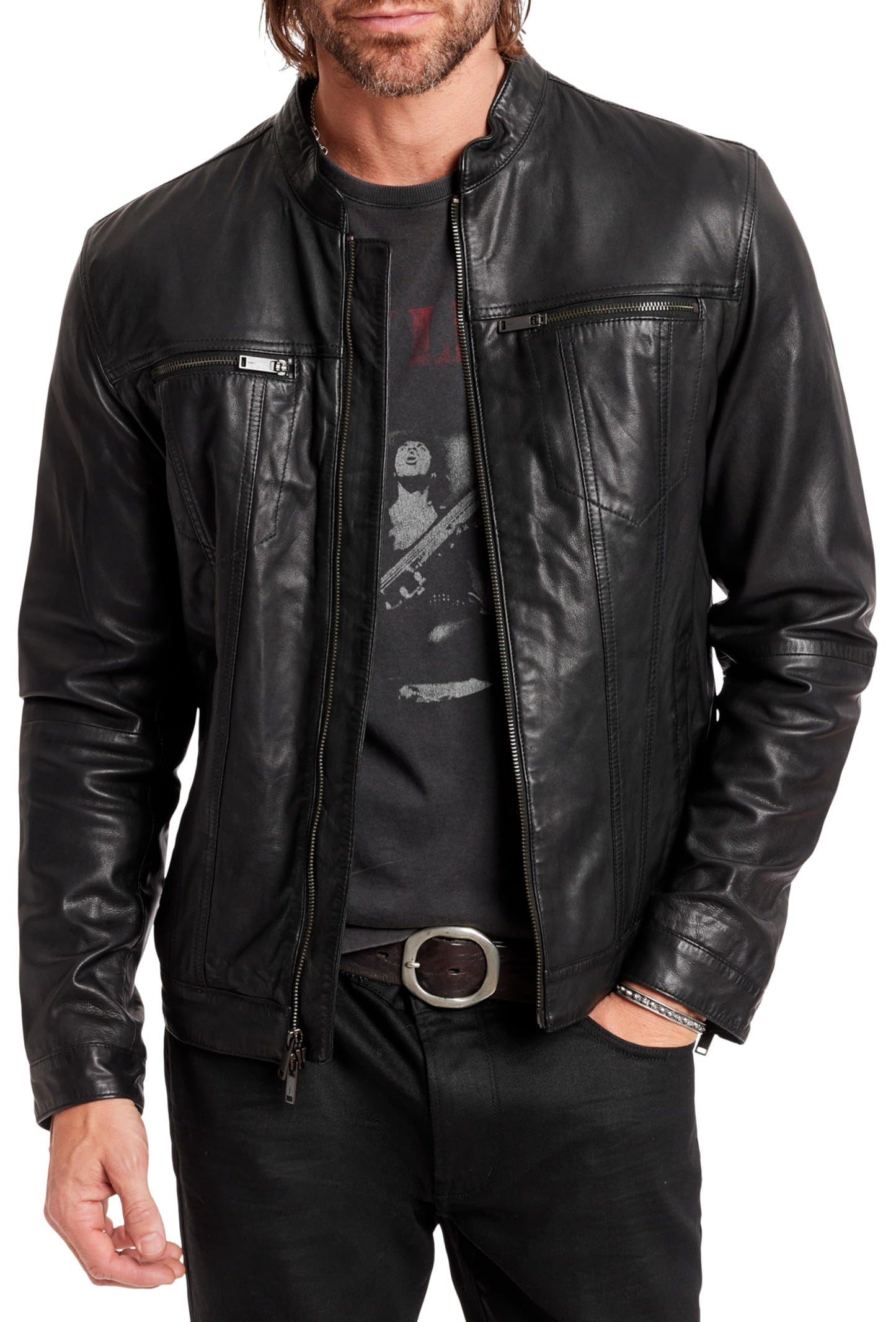 John Varvatos Star USA mens Band Collar Leather Jacket, Black, Medium US