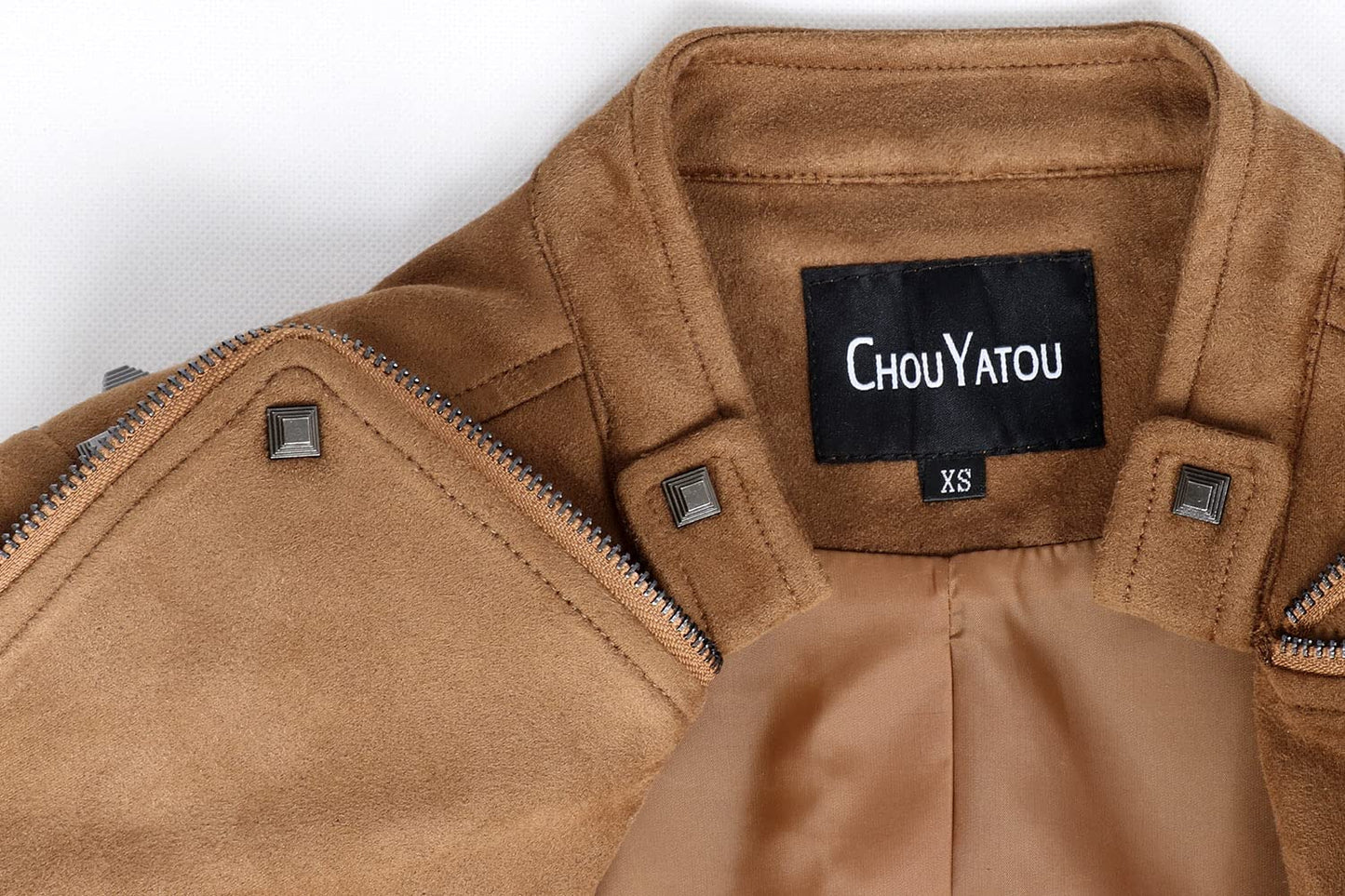 chouyatou Women's Fashion Studded Perfectly Shaping Faux Leather Biker Jacket (Medium, Suede Brown)