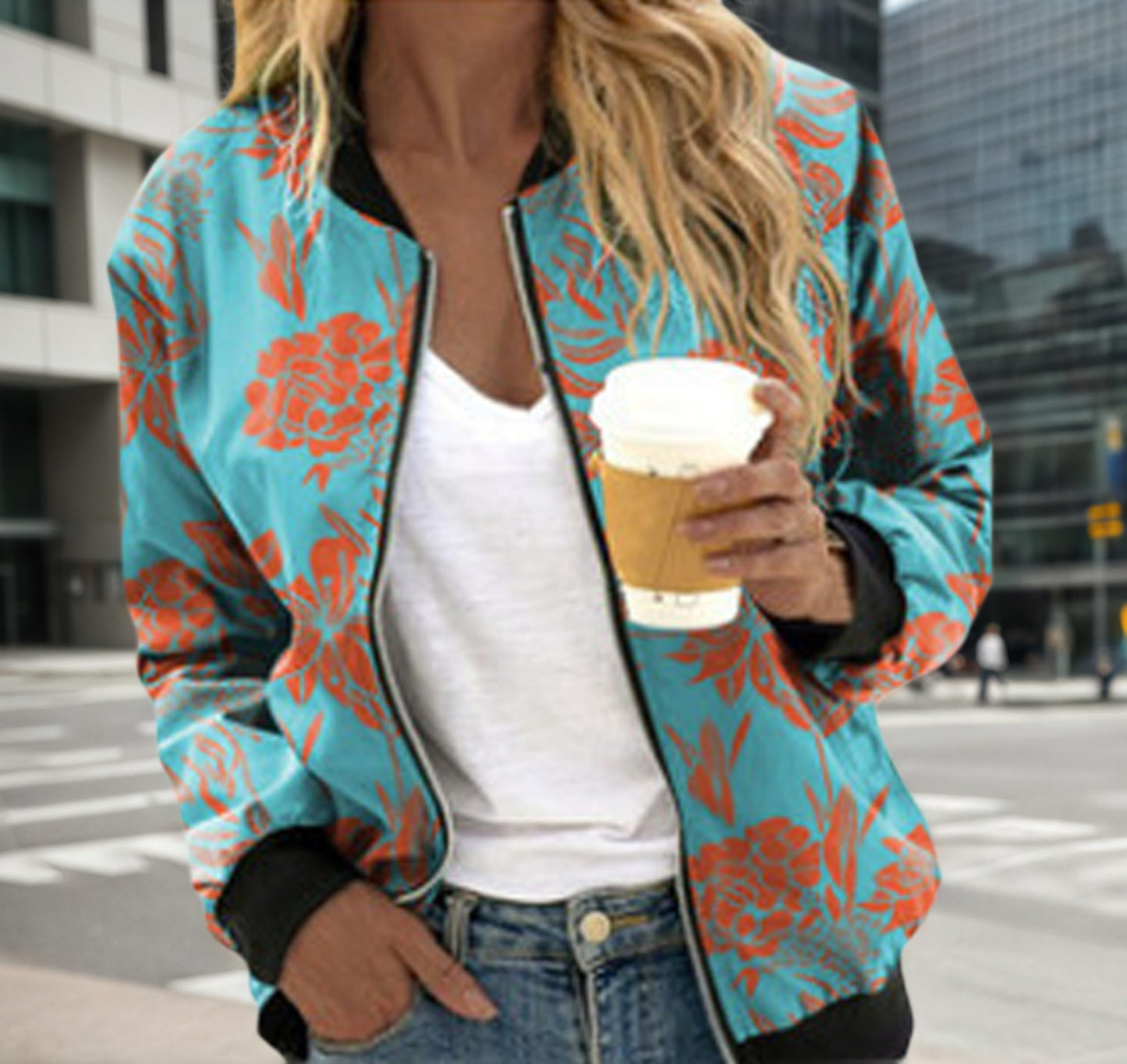 HipGlamp Women's Floral Blue Bomber Jacket Printed Casual Zip Up Vintage Coat with Ribbed Het