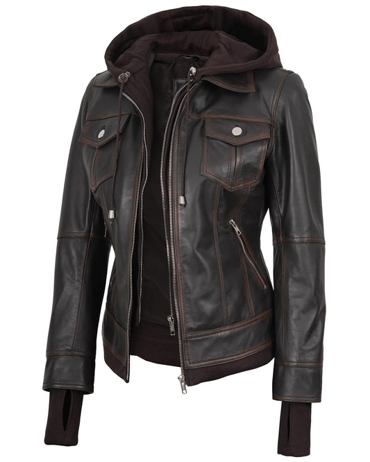 fjackets Leather Jackets For Women - Removable Hood Real Lambskin Tralee Ruboff Leather Jacket Women (N2) | [1316122] S