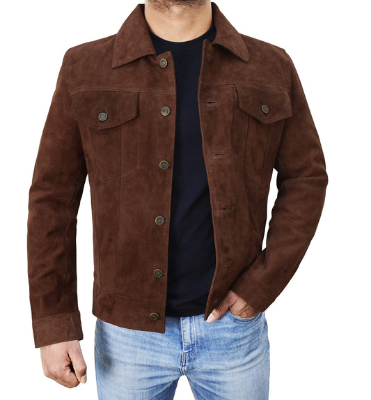 III-Fashions Premium Brown Suede Leather Biker Trucker Jacket - Vintage Classic Western Trucker Geniune Suede Jacket (Logn, Dark Brown XXL) - chaqueta cuero hombre - Real Leather Jacket For Men