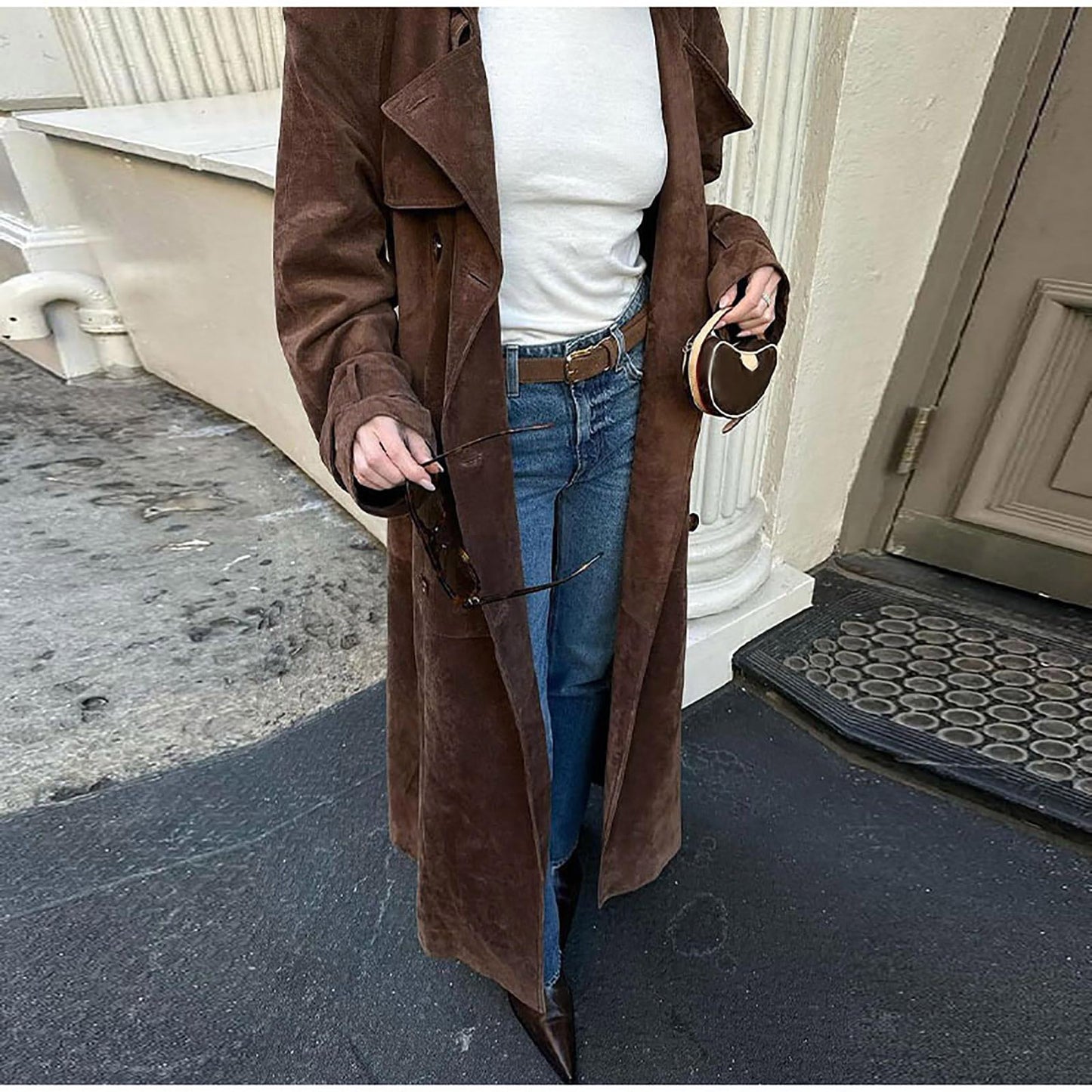 utcoco Womens Faux Suede Long Trench Coat Notched Lapel Double Breasted Pea Coat Overcoat with Belt (Small, Brown)