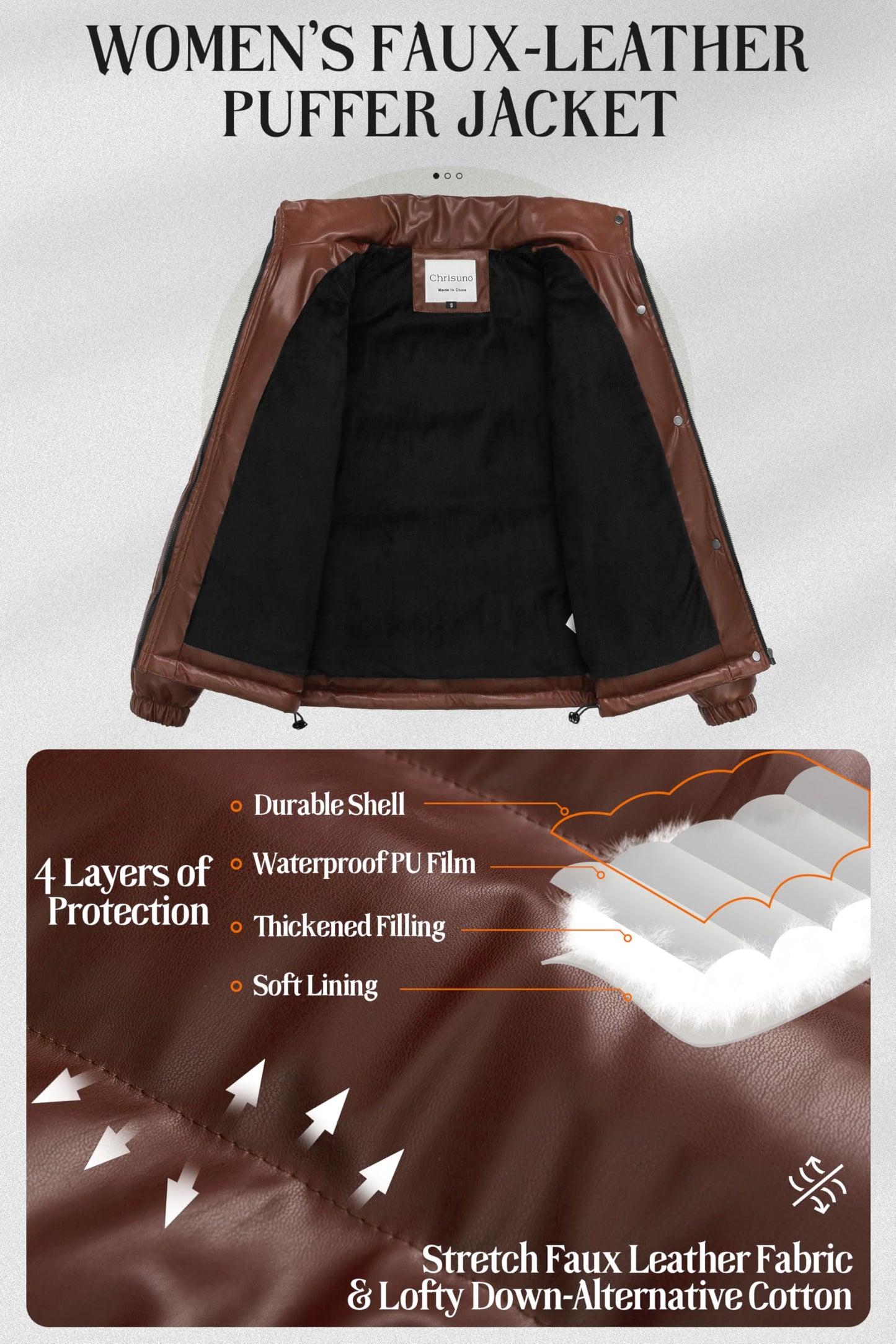 Chrisuno Womens Faux Leather Puffer Jacket Motorcycle Winter Coat Abrigos De Invierno Para Mujer Women's Thicken Quilted Warm Parka Brown 3XL