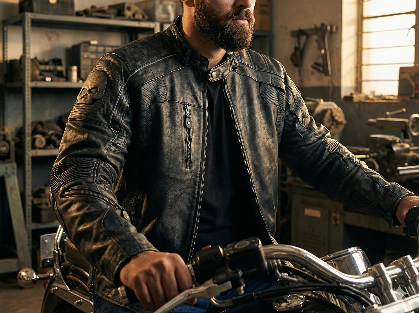 Mulch Leather Co Men's Genuine Leather Skull Motorcycle Jacket Armored Biker Riding Jacket | Air Vents, Reflective Safety Panels, Impact Padding, Distressed Finish (Large, Black Distressed)