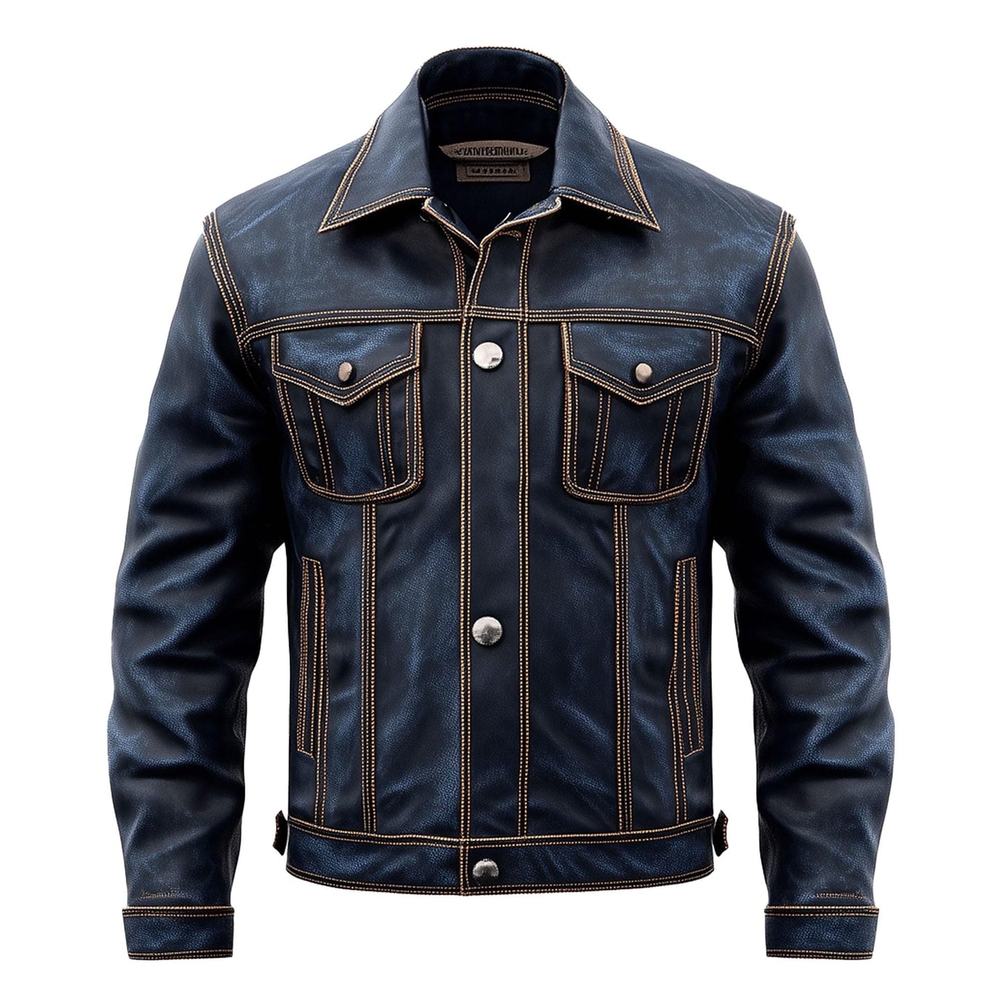 Sumairah Mens Blue Trucker Denim Style Jacket Multi Pocket Genuine Leather Jackets(Navy Blue Genuine Leather, Medium)