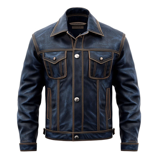 Sumairah Mens Blue Trucker Denim Style Jacket Multi Pocket Genuine Leather Jackets(Navy Blue Genuine Leather, Medium)