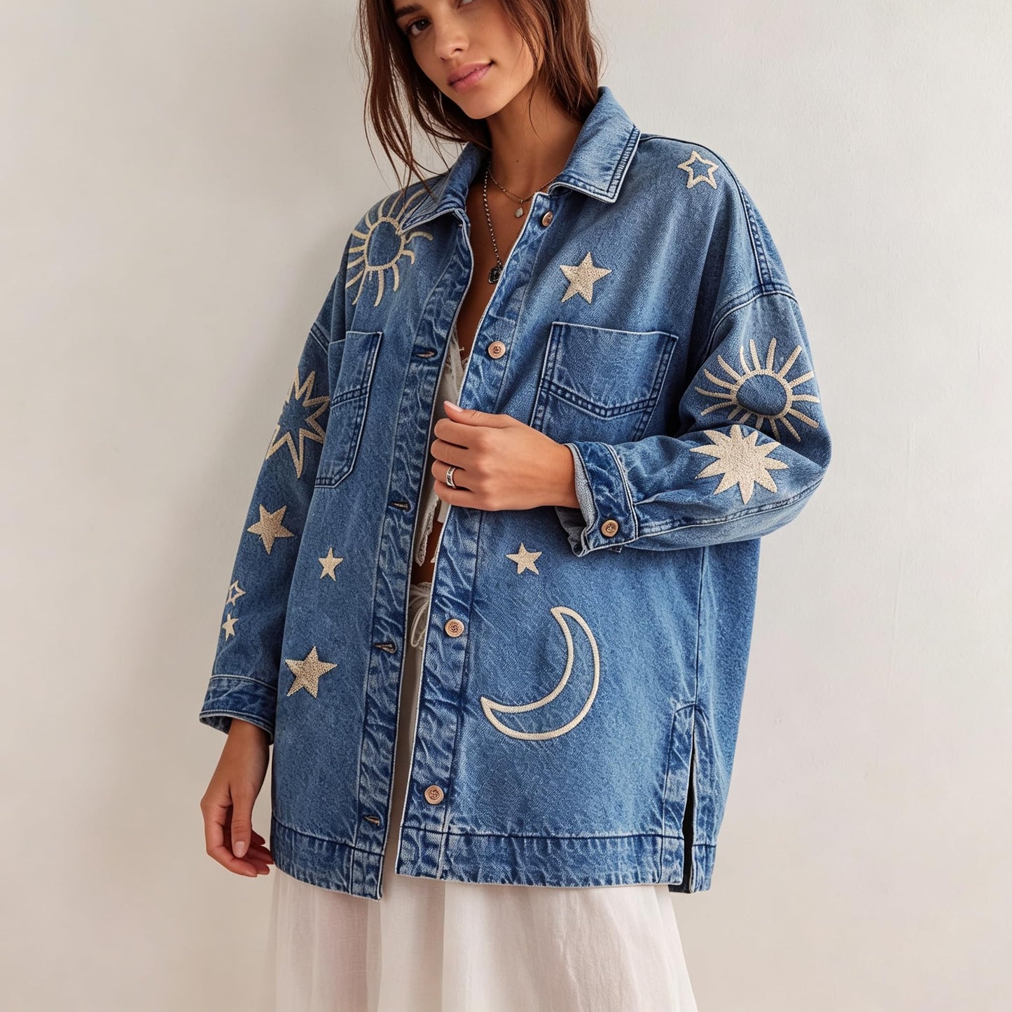 utcoco Women's Vintage Oversized Denim Jacket Embroidered Graphic Casual Loose Fit Button Down Jean Jacket (X-Large, Blue Embroidery)