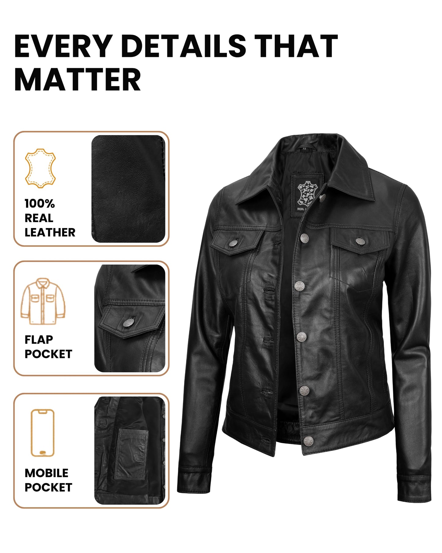 Decrum Women's Leather Jackets With Shirt Collar - Real Lambskin Black Leather Jacket Women | [1314333] Wmn Frnando Black, M
