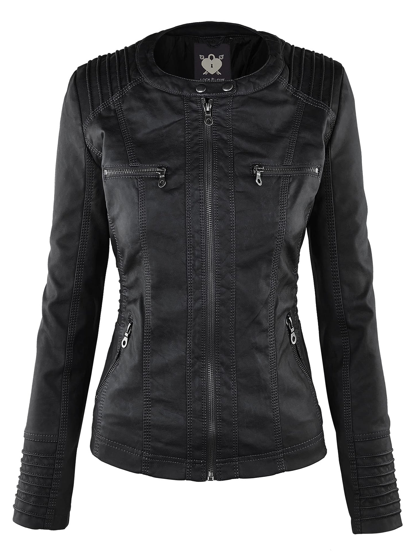 LL WJC663 Women’s Faux Leather Moto Biker Jacket with Removable Hood – Lightweight Zip-Up Coat with Pockets for Fall and Winter M Black