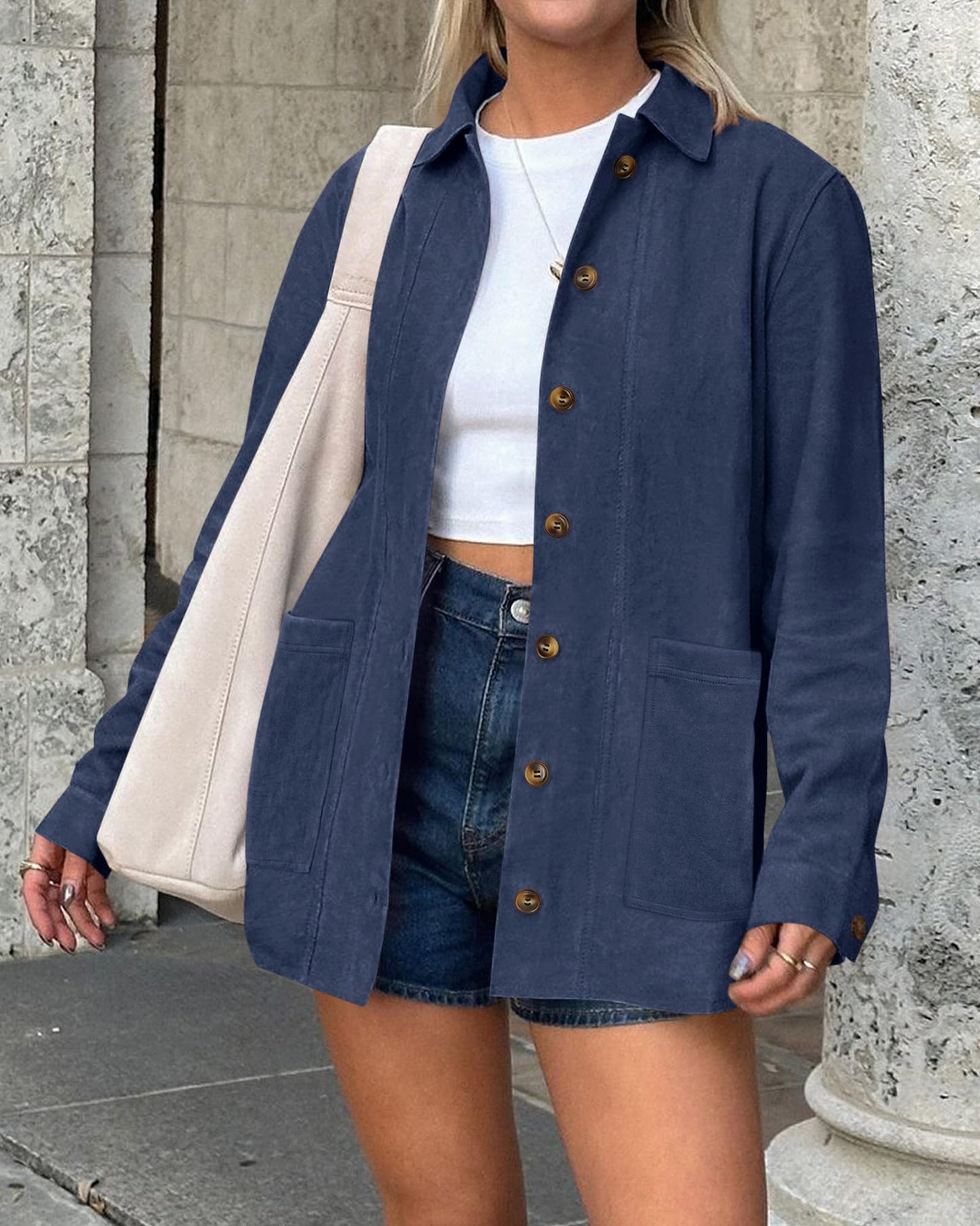 BTFBM Faux Suede Jacket Women Fall Fashion 2026 Leather Jackets Long Sleeve Button Down Winter Coats Shackets Outerwear(Navy Blue, Large)