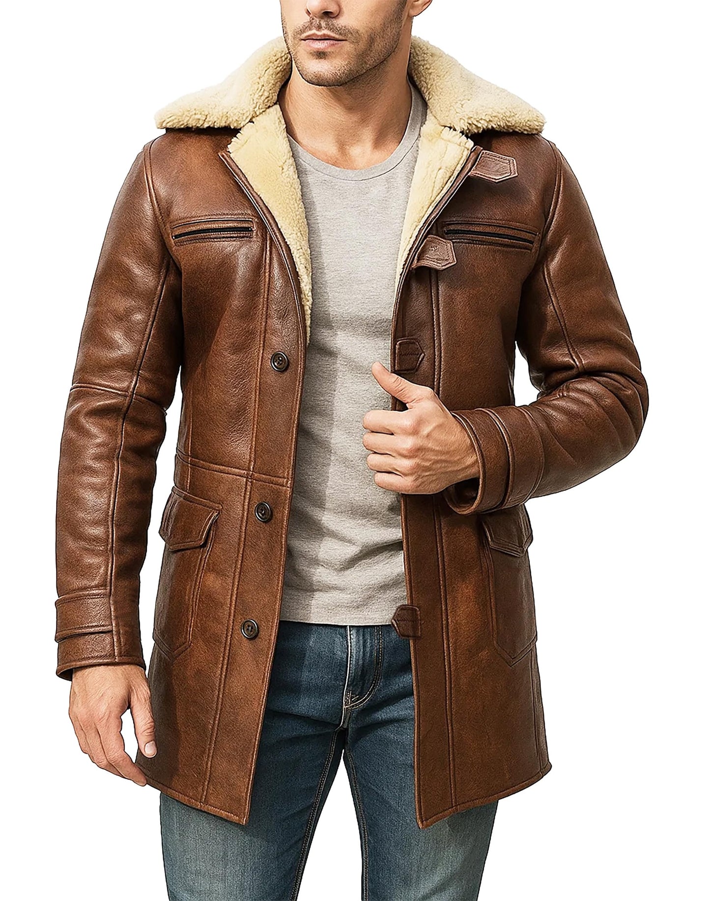 UGFashions Mens Genuine Leather Trench Coat Sheepskin Ginger Brown Faux Fur Shearling Winter Leather Pea Coat