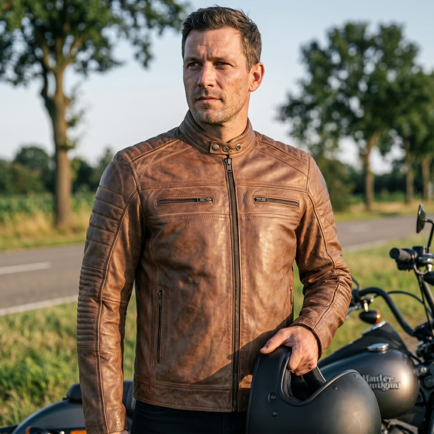 Leatherick Mens Distressed Tan Brown Genuine Leather Cafe Racer Biker Jacket Retro Style Vintage Jacket (US, Alpha, Large, Regular, Regular, Tan Brown)