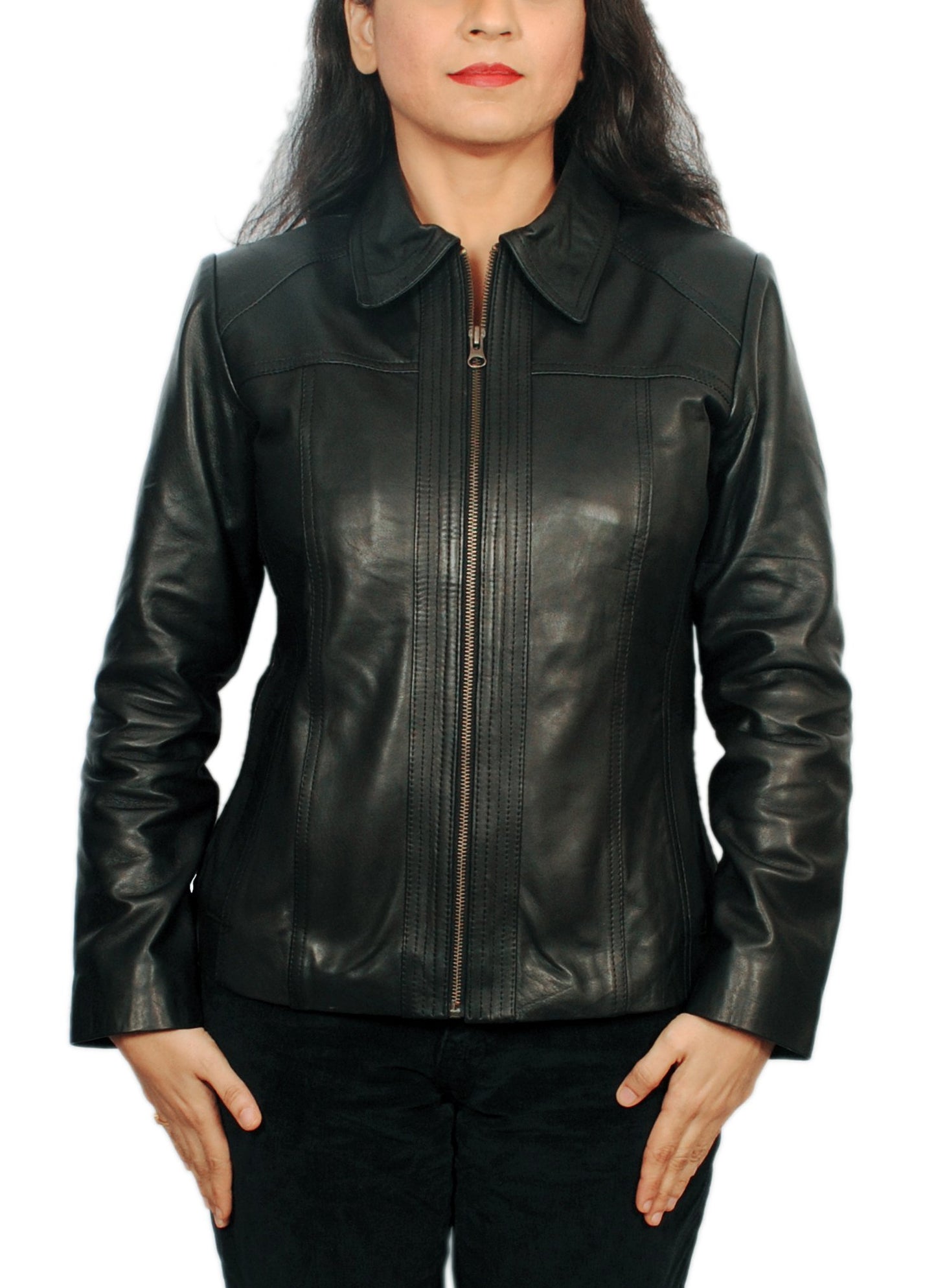 Women's Lambskin Leather Short Peacoat Jacket, Bold Black, Medium