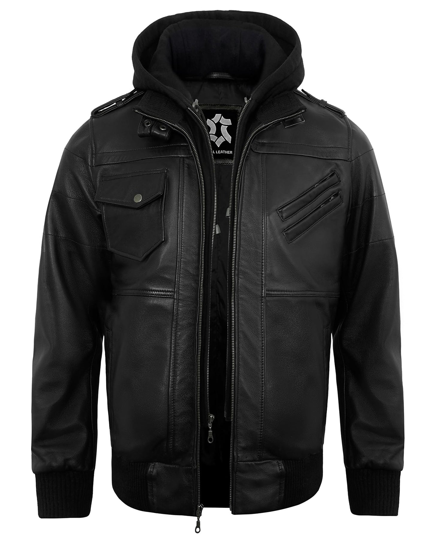 UrbanFocal Hooded Black Leather Bomber Jacket Men - Real Lambskin Leather Jackets For Mens With Detachable Hood | [101009905] Edinburgh Black, XL