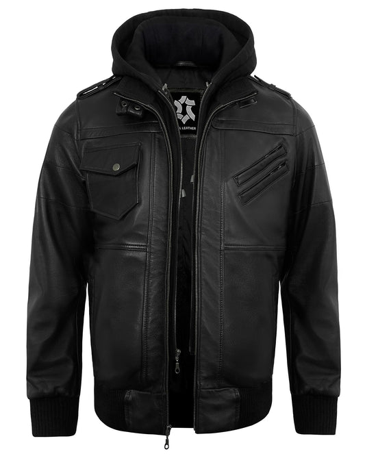 UrbanFocal Hooded Black Leather Bomber Jacket Men - Real Lambskin Leather Jackets For Mens With Detachable Hood | [101009905] Edinburgh Black, XL
