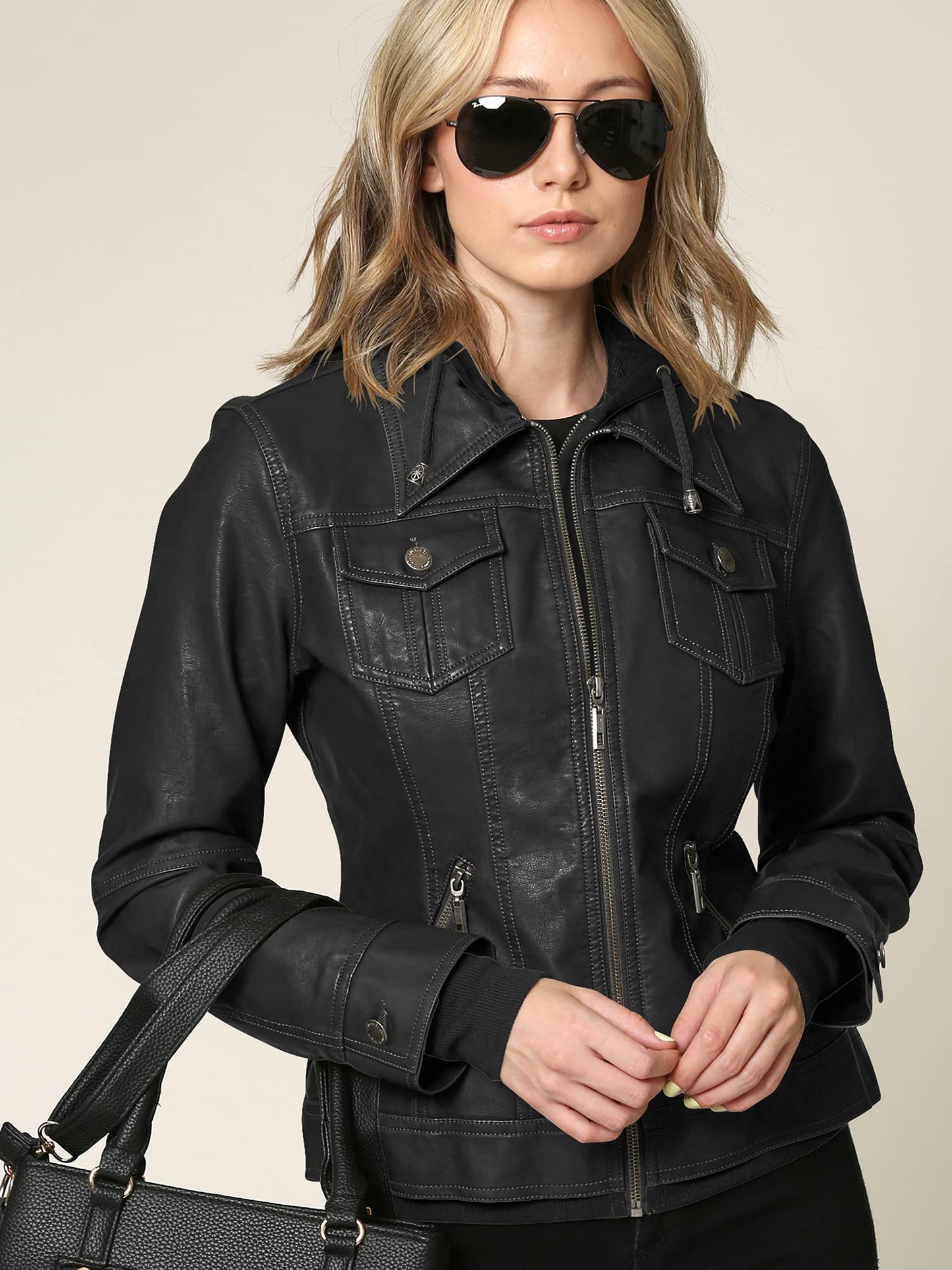 Made By Johnny MBJ WJC664 Womens Faux Leather Jacket with Hoodie L Black