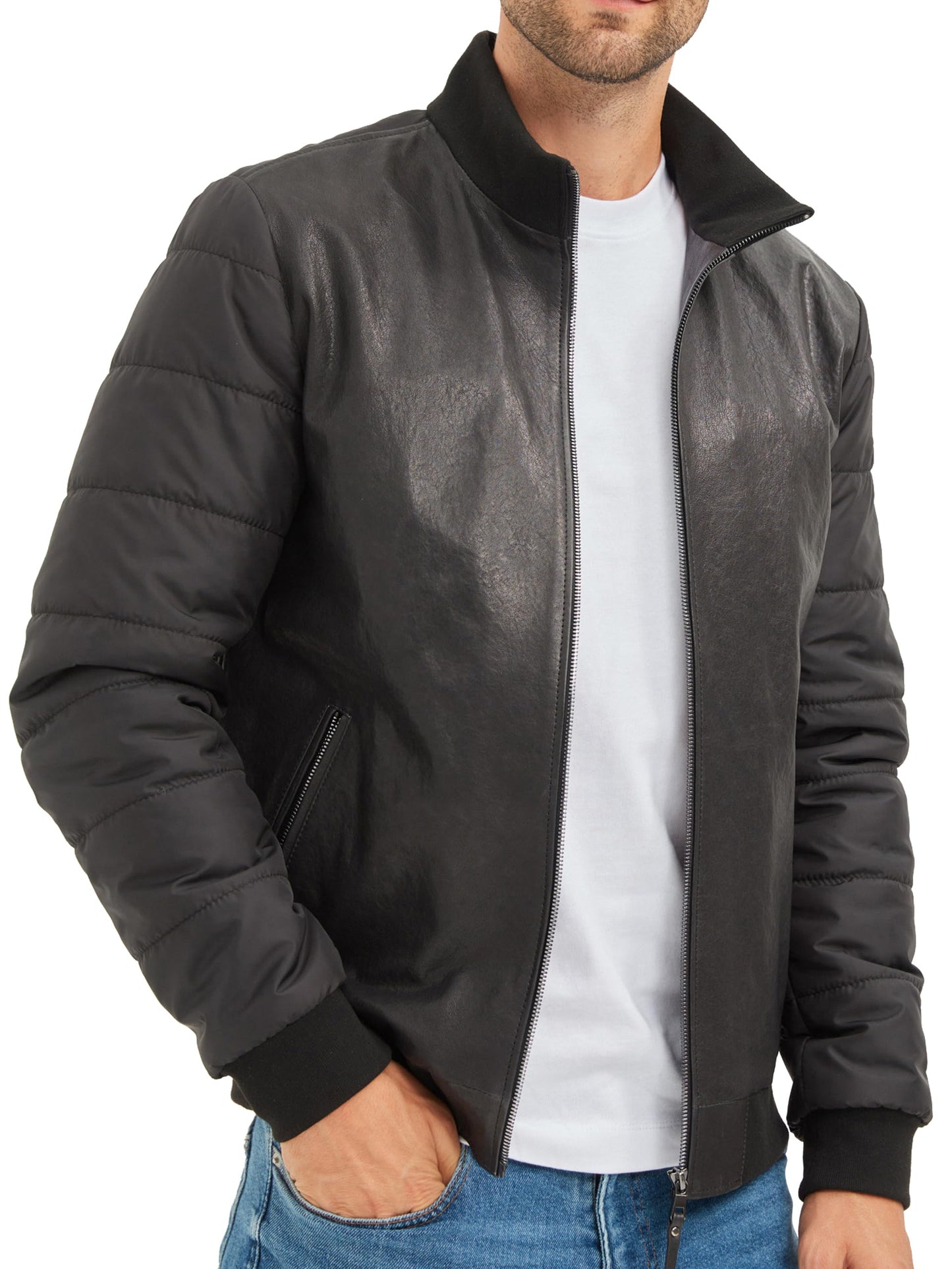 Bigardini Men's Italian Lambskin Leather Puffer Jacket - Black (L)