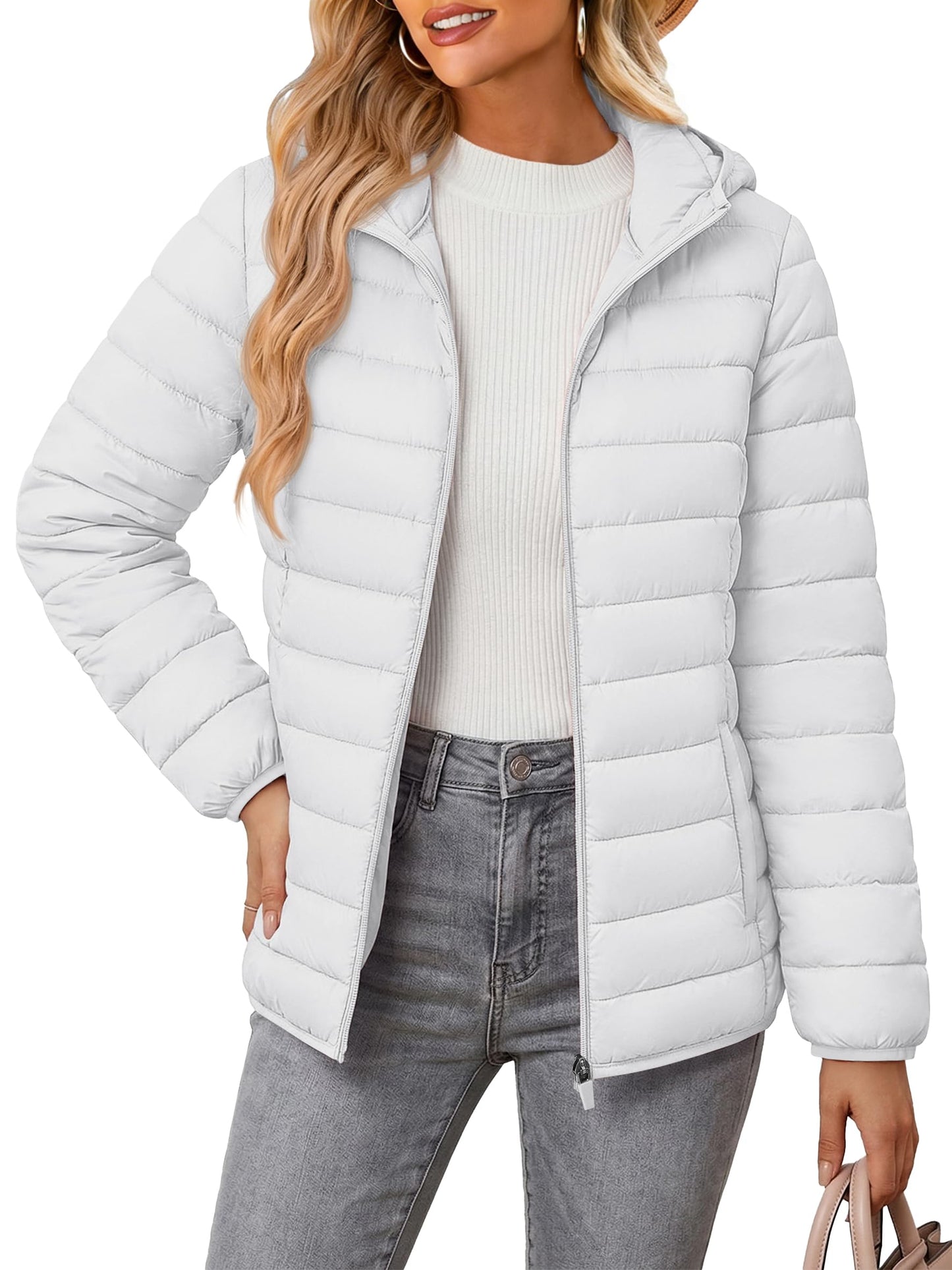 MAGCOMSEN Puffer Jacket for Women with Hood Lightweight Quilted Padded Jacket 4 Pockets Full Zip Long Sleeve Coat, White L