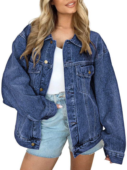 AUTOMET Women's Button Down Oversized Jeans Jacket with Pockets